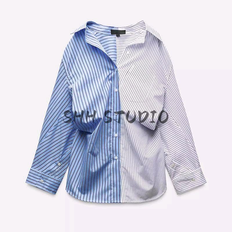 Spring New Women clothes Western Style All-Match Patchwork Stripe Poplin Loose Lapel Shirts 4764020