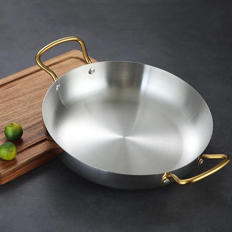 Španělský rýžový hrnec s mořskými plody Dvojuší zlatá pánev Miska na těstoviny Kulatý talíř na steaky panelas olla Nádobí na suché hrnce z nerezové oceli