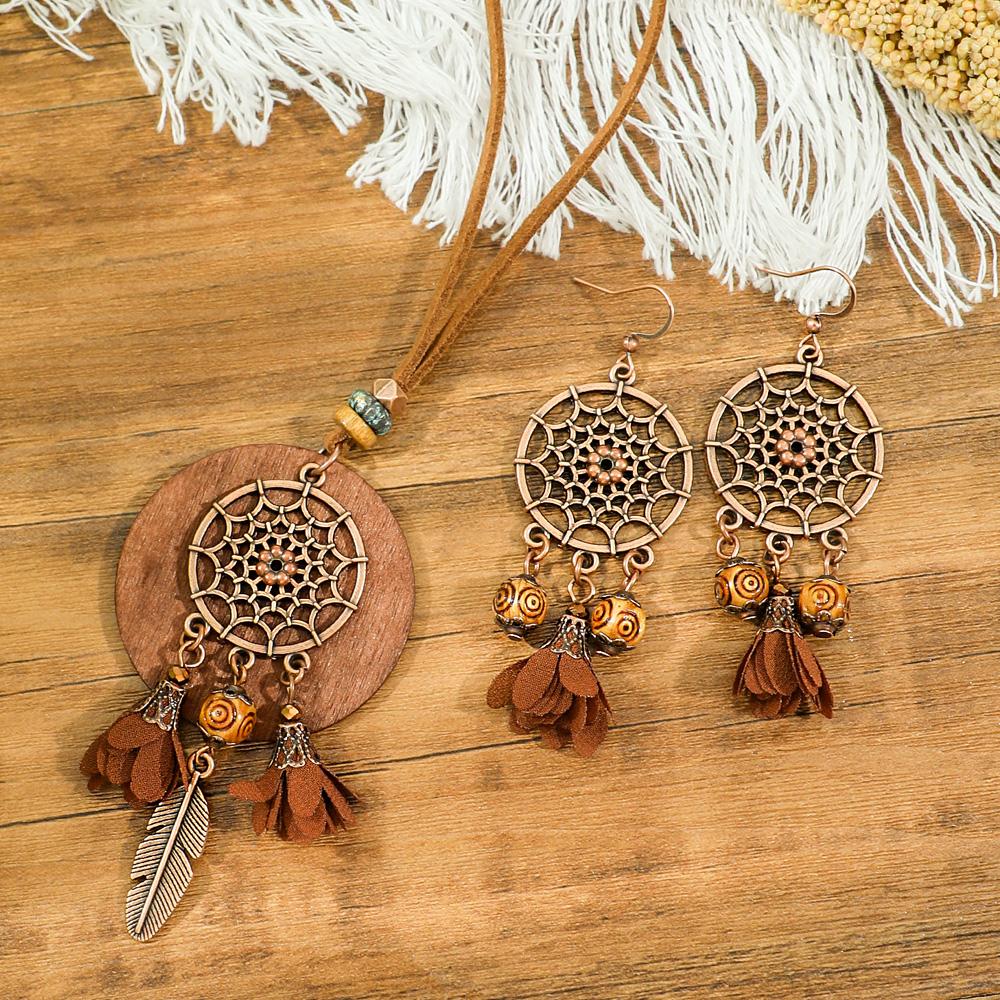3pcs Brown Earrings+Necklace Zircon Set Tassel Hollow Out Ornaments Pendent Necklace Sweater Chain Daily Wear Gifts