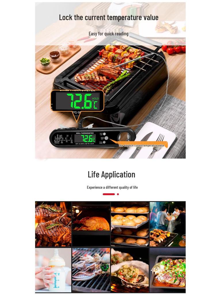 Zweikanaliges 3-in-1 Falt-Grill- & Fleischthermometer - Kabelgebunden, Lebensmittelechte Sonde