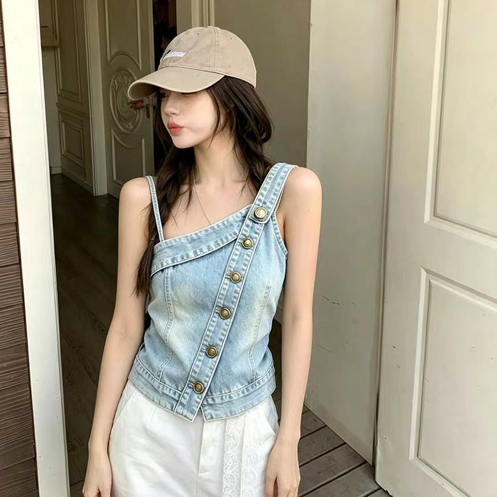 Summer New Sweet and Spicy Denim Sling Vest Female Slim and Thin Asymmetrical Design Temperament Top