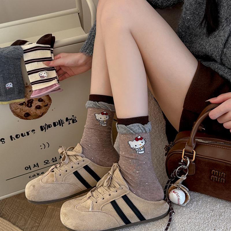Women's Mid-Calf Colorblock Cat Embroidery Socks - Autumn/Winter Bubble Rolled Edge
