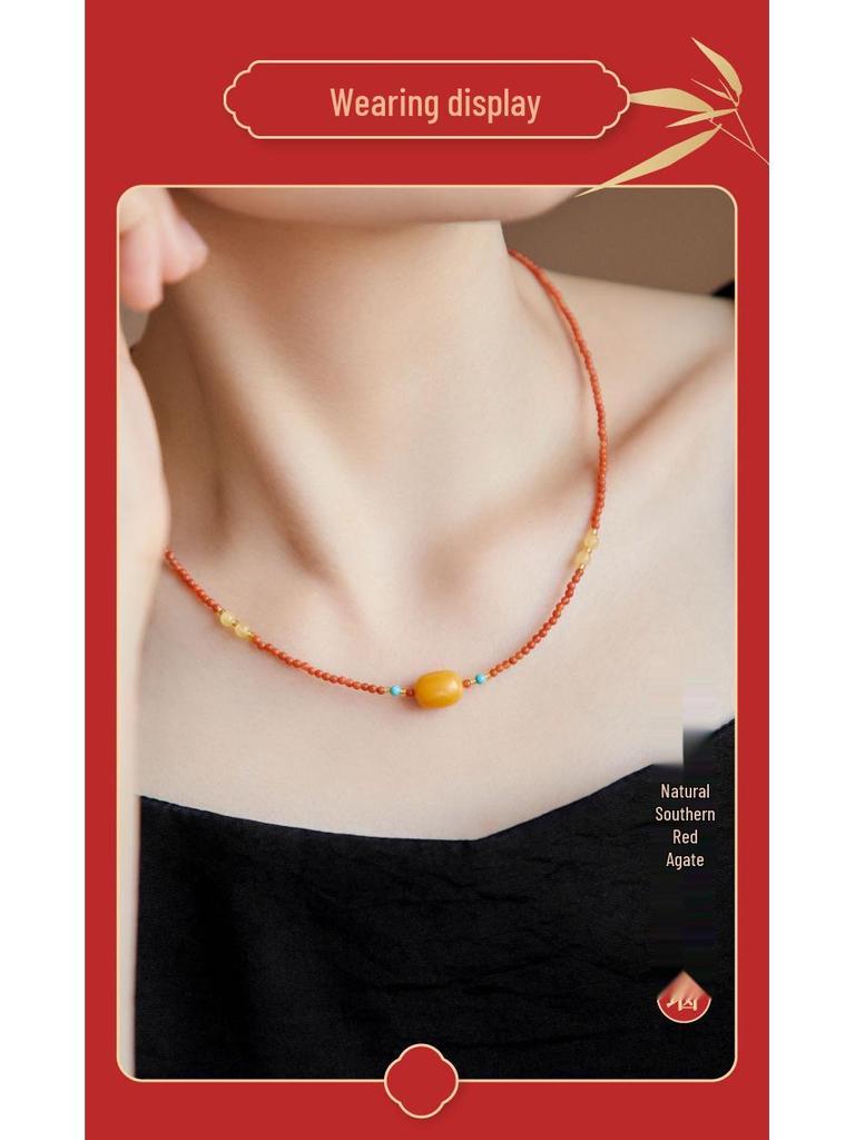 Nanhong Agate & Amber Red Beaded Pendant Choker Necklace