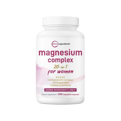 Complexe de Magnésium 20-en-1 pour Femmes avec D3, K2 & Ashwagandha, 240 Capsules Végétales