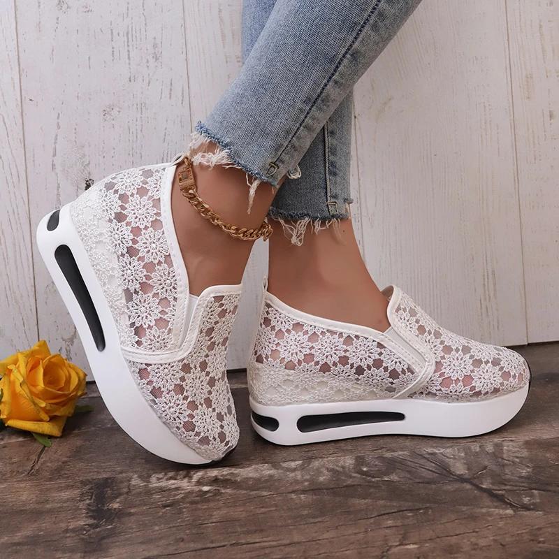 With White Lace Flowers Design Women's Sneakers 2025 Autumn New Mesh Breathable Slip On Women Loafers Shoes Zapatillas De Mujer
