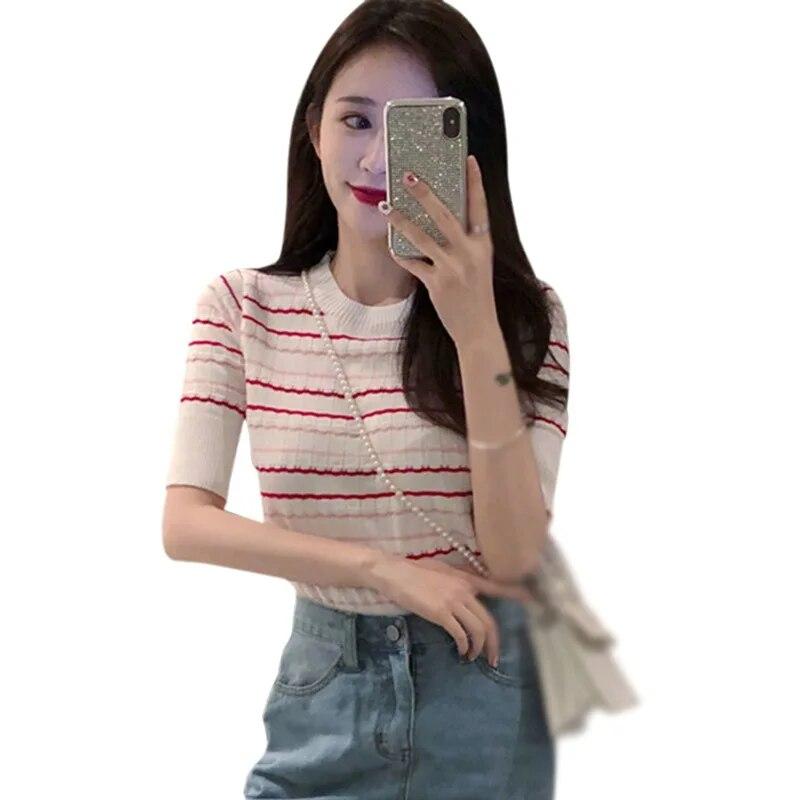 

Женские корейские футболки в полоску, летние милые повседневные трикотажные футболки с короткими рукавами и круглым вырезом, топы One Size