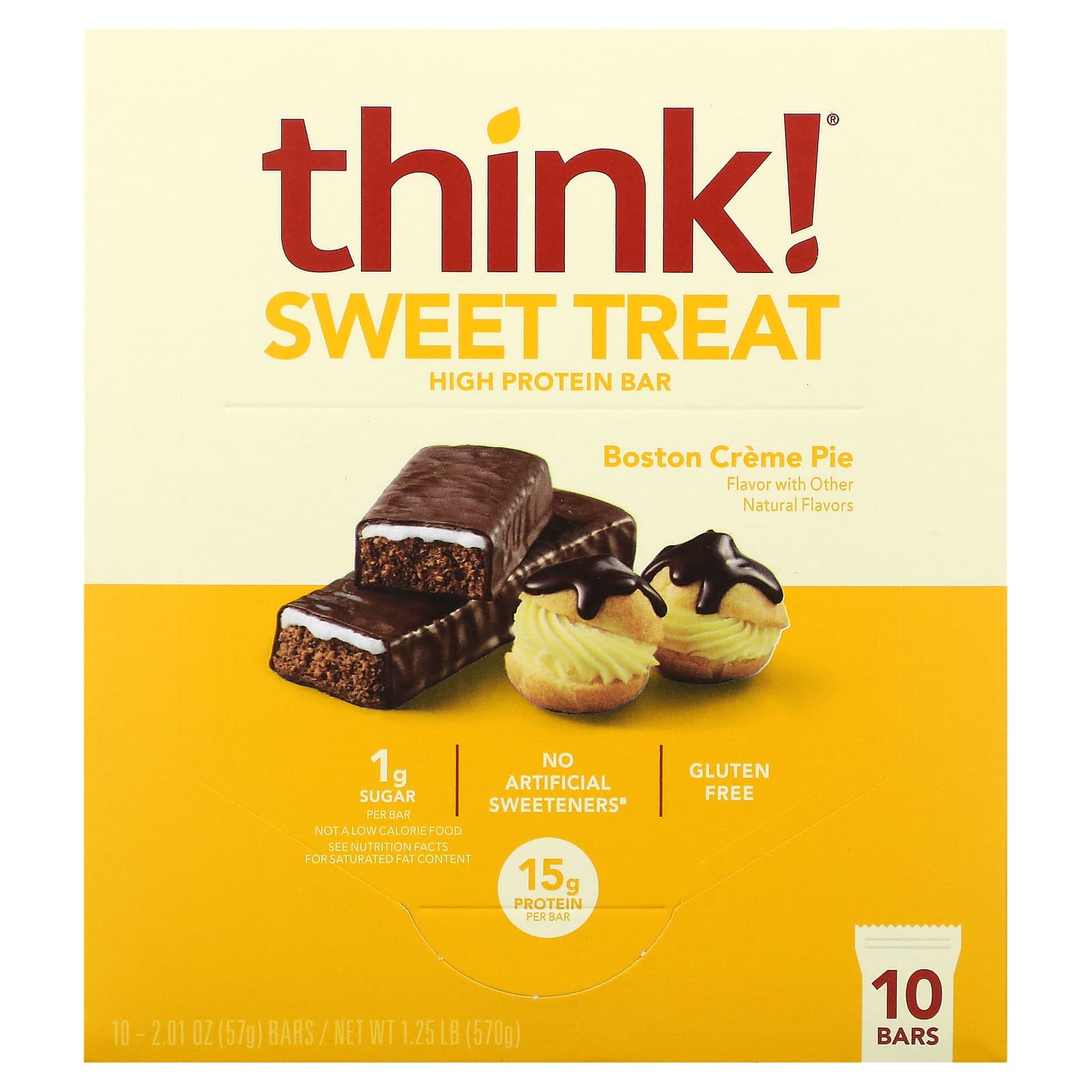 

Think!, Sweet Treat, High Protein Bar, Boston Cream Pie, 10 Bars, 2.1 oz (57 g)