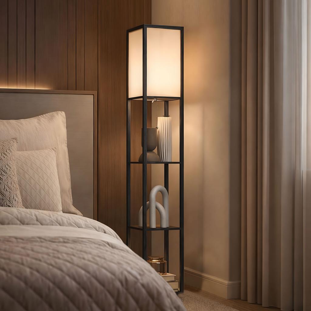Floor Lamp with Shelves, Standing Lamp, Wood, 26 x 26 x 160 cm, for Living/Bedroom (Without Light Bulb)
