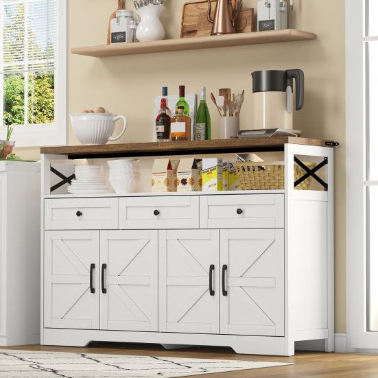 Buffet Sideboard 140cm with Storage Space, Coffee Bar with 3 Drawers, Country Style Console with Doors, Cupboards with Shelves, Suitable for Kitchen,
