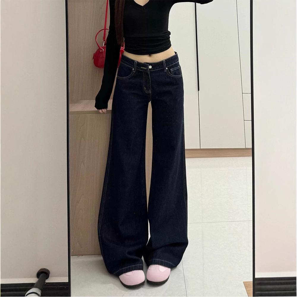 Women's Retro Dark Wash Low Waist Micro Flare Jeans - Autumn 2025 Collection, Loose Fit, Drapey, Floor-Length.