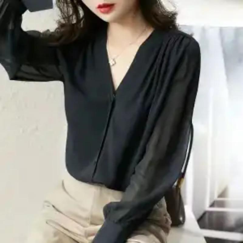 

Women s Clothing Chiffon Blouse Spring Fall V-Neck Long Sleeve Slim Fit Retro Minimalist Elegant Feminine Office Chic Solid L чорний