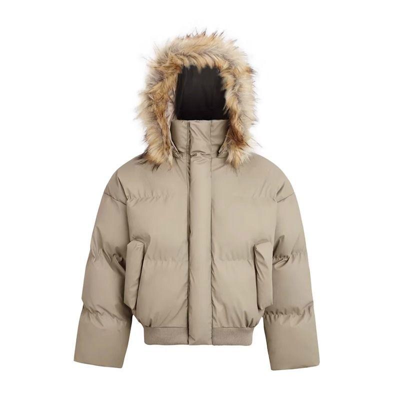 Casual All-match Niche Fur Collar Hooded Jacket Women's Winter Thickened Warm Loose Simple Cotton Coat