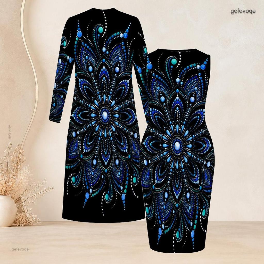 Women Plus Size Two Piece Set Black Blue Printed Long Sleeve Open Front Cardigan Sleeveless Bodycon Dress