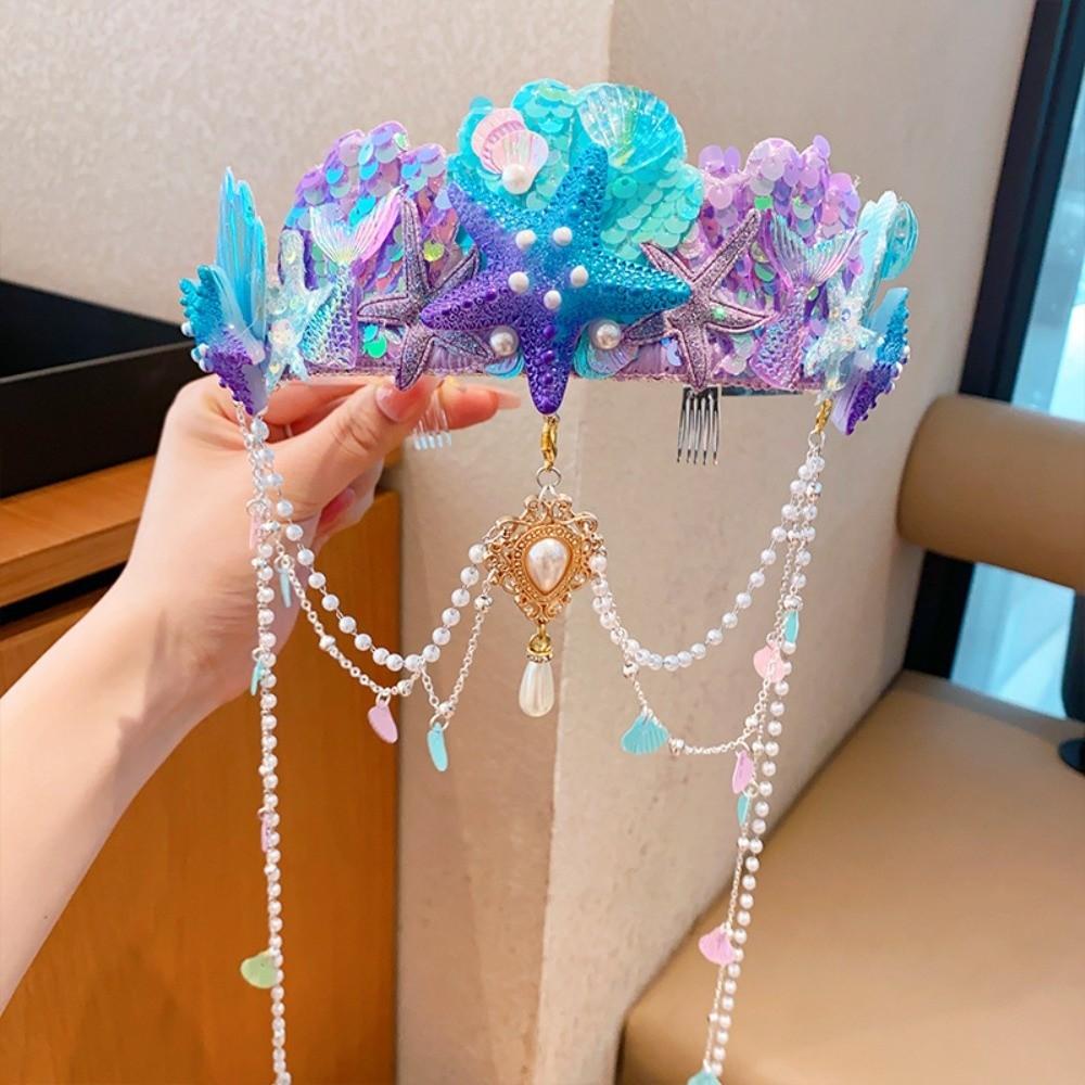 Tassel Mermaid Princess Headband Pearl Jewelry Tassel Crown Forehead Necklace Hair Hoop Children