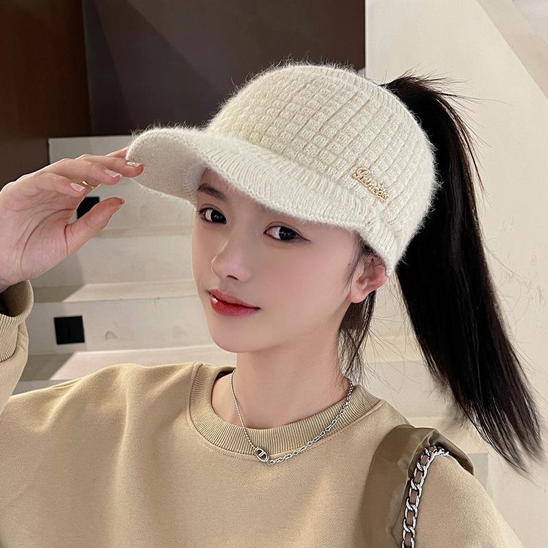 Empty top wool hat female autumn and winter leaking ponytail cycling to keep warm knitted confinement morning running thickened baseball cap