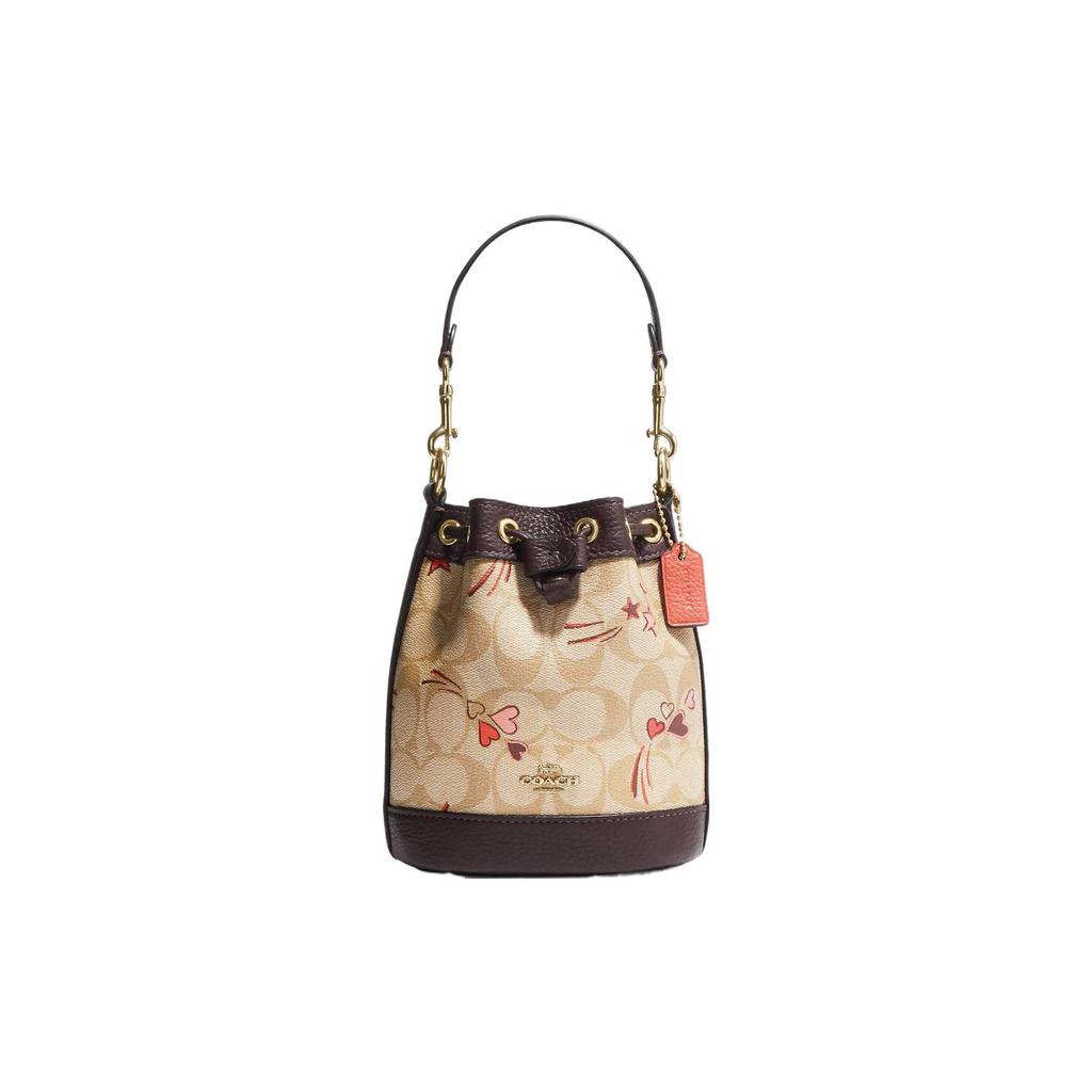 New COACH Bucket Classic Jacquard Leather Bucket Bag, Handbag, Shoulder Bag Trumpets Women's Beige & Dark Brown CK524-IMOT4