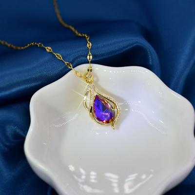 Women'S Colorful Zircon Water Drop Necklace Women'S Premium Sense Simple Titanium Steel Accessories Simple Clavicle Chain
