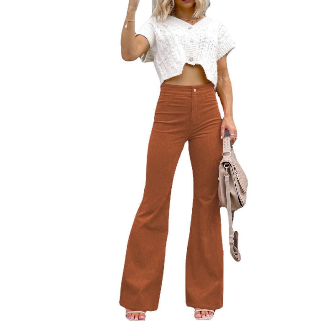 2025 Winter Women's High Waist Flare Corduroy Pants - Solid Color, Elegant and Casual Style