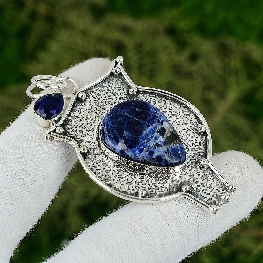 

925 Silver Pear Natural Sodalite Tanzanite Quartz Bezel Anniversary Wife Pendant