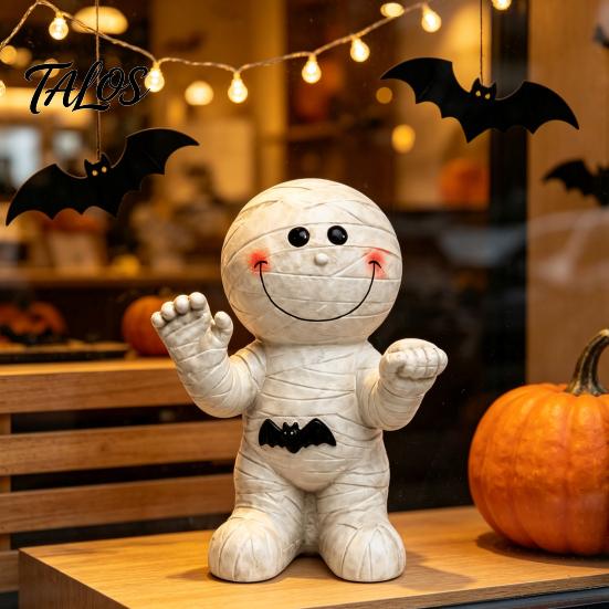 Halloween Party Supplies Resin Mummy Atmosphere Light, Smiling Statue with Unique Home Accents Bat Decor, Cartoon Figurine Light for Desktop Ornament