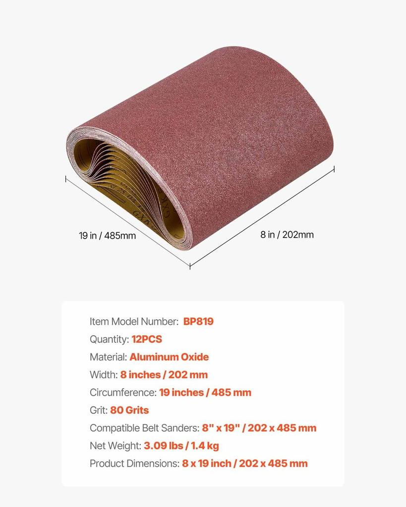 Sanding Belts, 202mm x 485mm Belt Sander Sanding Belts, 12PCS 80 Grit Aluminum Oxide for Woodworking, Steel, Aluminum, Non-Ferrous Metals