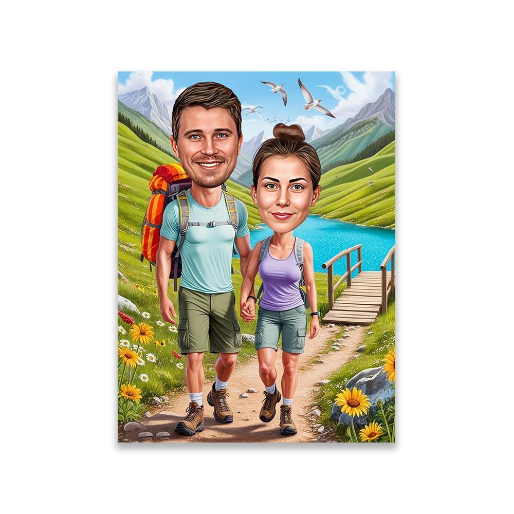 Personalized Couple Hiking Cartoon Poster Hiking Portrait Cartoon Caricature Canvas Painting Lovers Birthday Bedroom Decoration