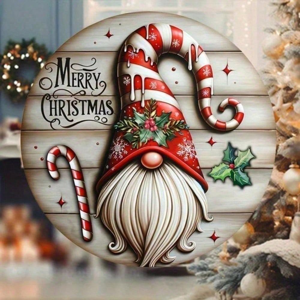 Christmas Gnome Metal Round Door Sign Hanging Decor For Lawn Garden Home Wall