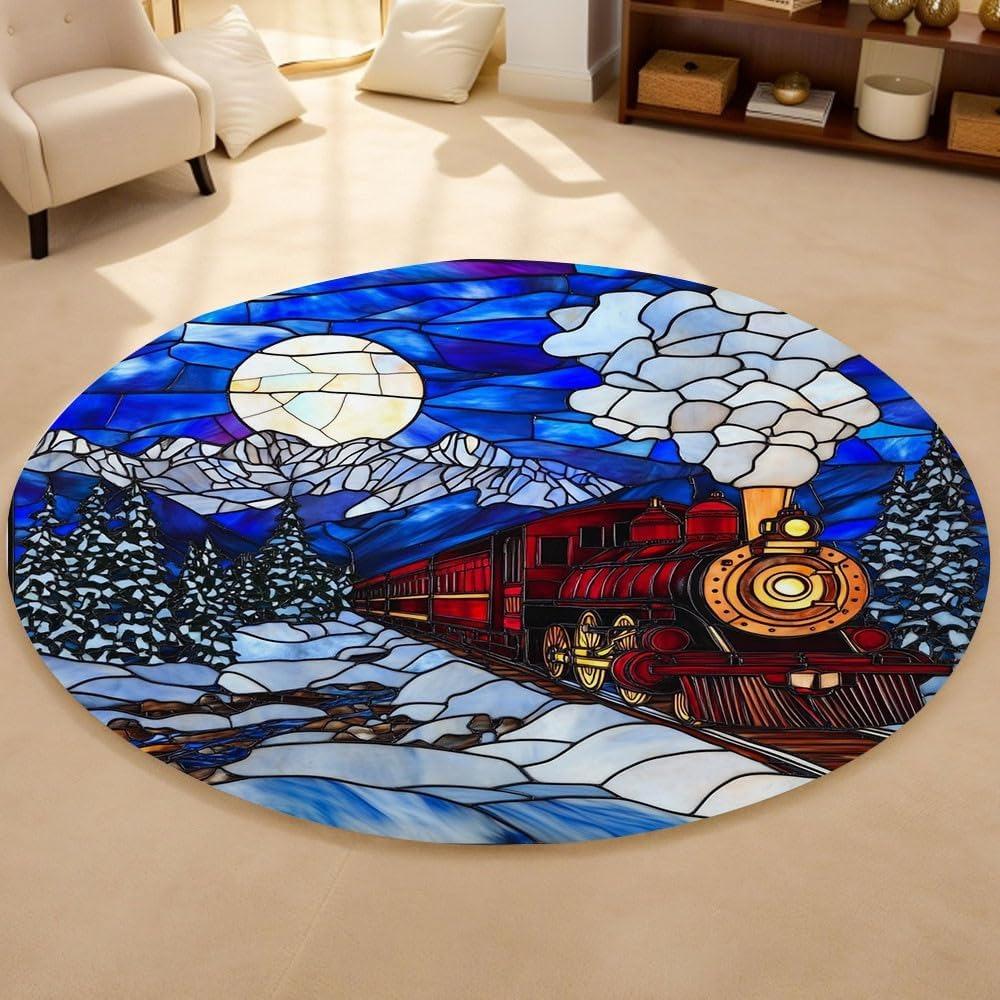 Round Stained Glass Style Moonlight Train Rug Dreamy Fairy Tale Non-slip Absorbent Carpet Winter Home Decor Mat for Living Room