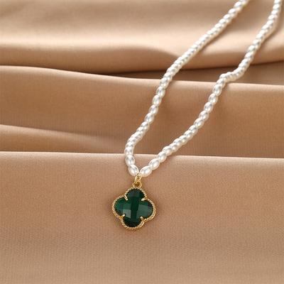 Four-Leaf Clover Pearl Necklace Women'S High-Value Retro Trend Versatile Exquisite Collarbone Chain