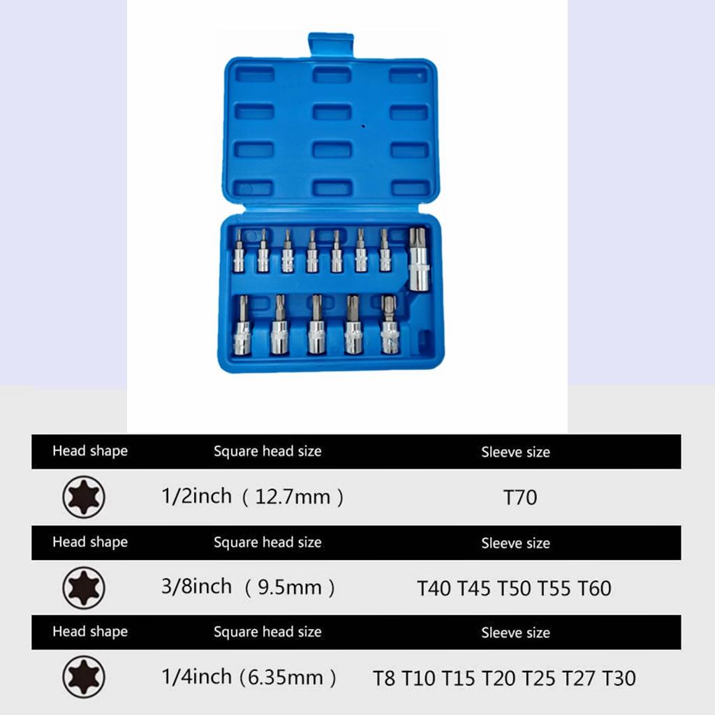 13pcs Torx Bit Socket Set, CRV Sockets, S2 Steel Bits, 1/4-inch (T8-T30), 3/8-inch (T40-T60) & 1/2-inch (T70) Drive, with Case