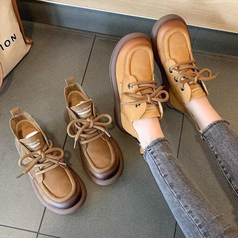 Flat Shoes Women's Leather Motorcycles Boots Round Toe Stitched Lace Up Thick Sole Women's Low Heel Shoes