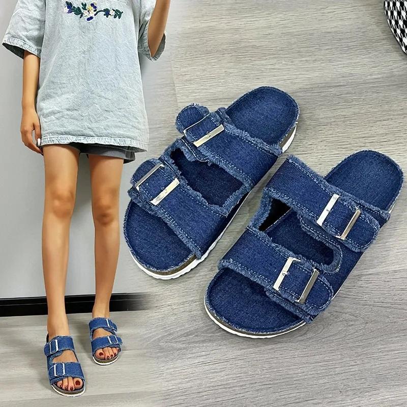 Shoes for Women 2024 Hot Sale Buckle Women's Slippers Summer Open Toe Solid Outdoor Flat Casual Comfortable Large Size Slippers