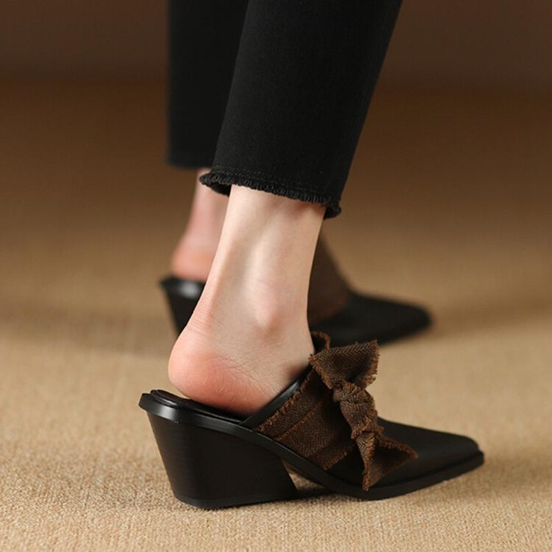 Fashion NEW Summer Women Mules Genuine Leather Shoes for Women Cover Toe Wedges Slippers Bow Knot Pointed Toe Black Women Sandals