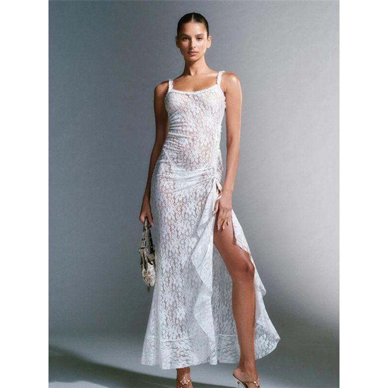 European and American Sexy Slim Fit Backless Lace See-through Sling Dress Long Dress Sexy Lace Maxi Dress