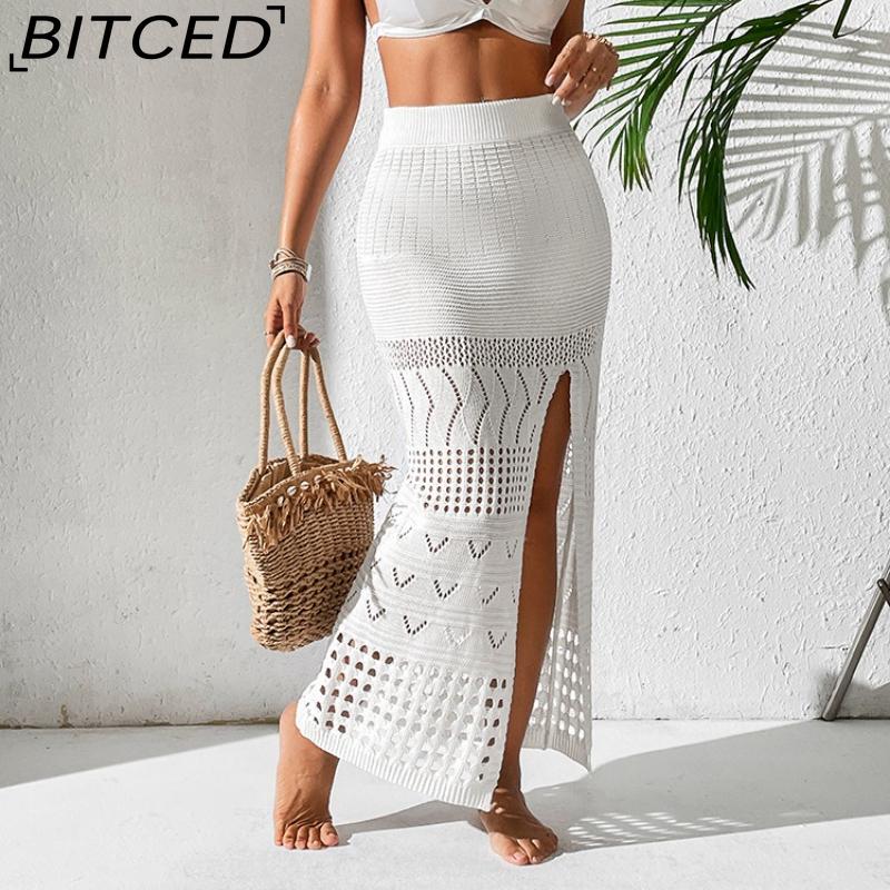 BITCED Sexy Beach Dress Set Summer Sleeveless Knitted Cropped Top Long Split Skirt