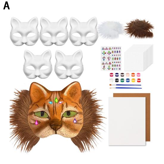 DIY Therian Masque Kit Blank Hand Painted Half Face Cat Fox Masque with Fur Eye Mesh And Felt Sheet for Halloween Carnival Masquerade Party Cosplay