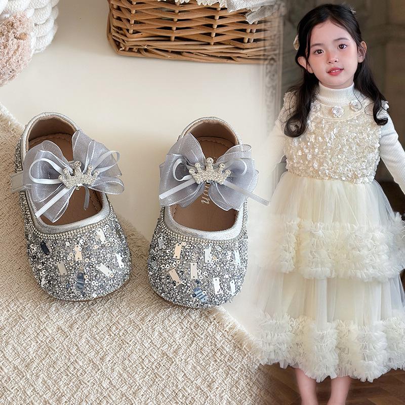 Kids Crown Bow and Sequin Decor Mary Jane Party Flats 23 серебряный