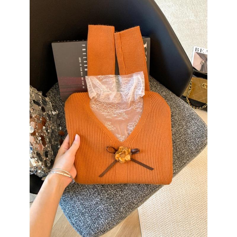 

Flower collar lace splicing fake two-piece knitted sweater women s autumn and winter new temperament long-sleeved slim-fit bottoming shirt top XL