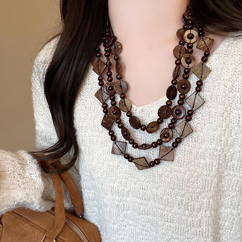 

European and American exaggerated retro coconut shell beaded necklace female bohemian style stacked sweater chain with jewelry
