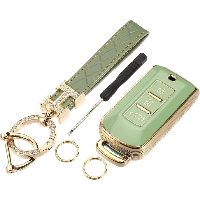 Key Fob Cover Kit Compatible for Mitsubishi Outlander, 3 Button Gold Tone Edge Fashion Soft TPU Black Remote Keyless Smart Key Fob Case Protection