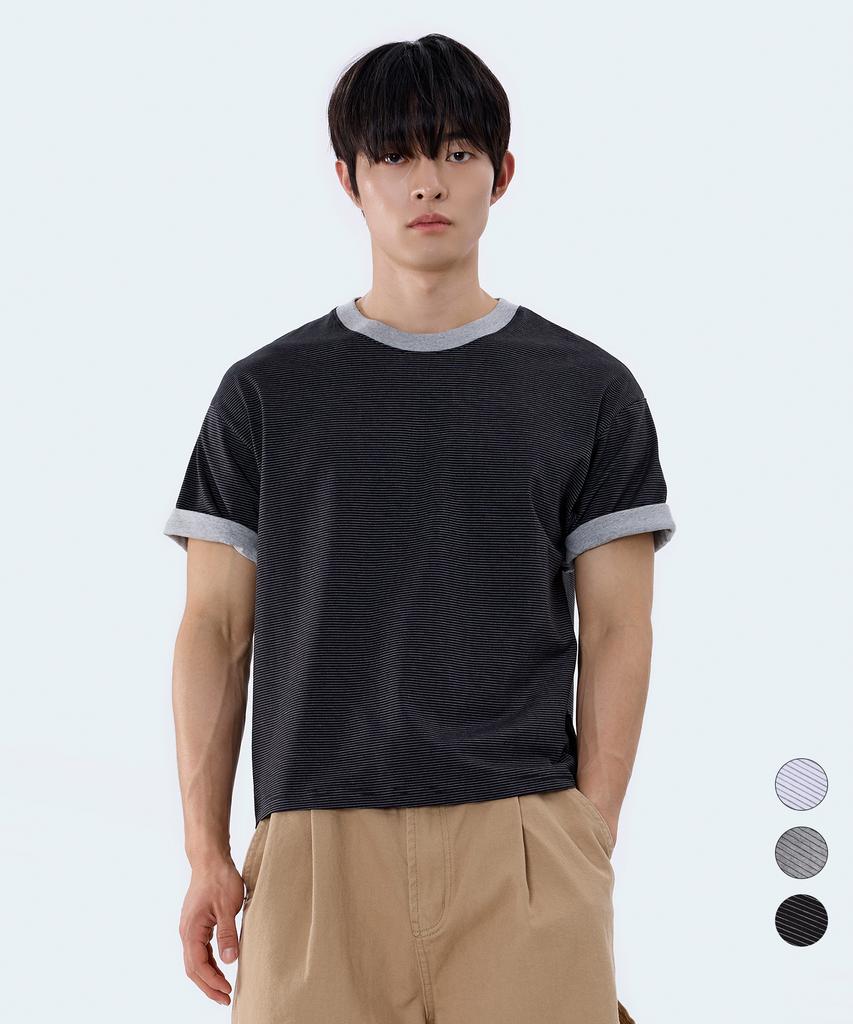 Yosemiti Striped Color Block Roll-Up Ringer Crop Short Sleeve Tee 3 Colors Yt-3Y27