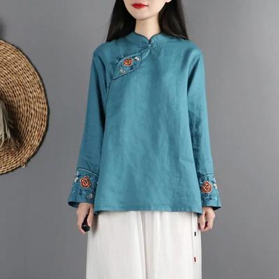 Damen Petrolblau Leinen Baumwolle Bluse Chinesischer Stil Stickerei Mandarin Kragen Lockerer Schnitt Lässiges Langarm Top