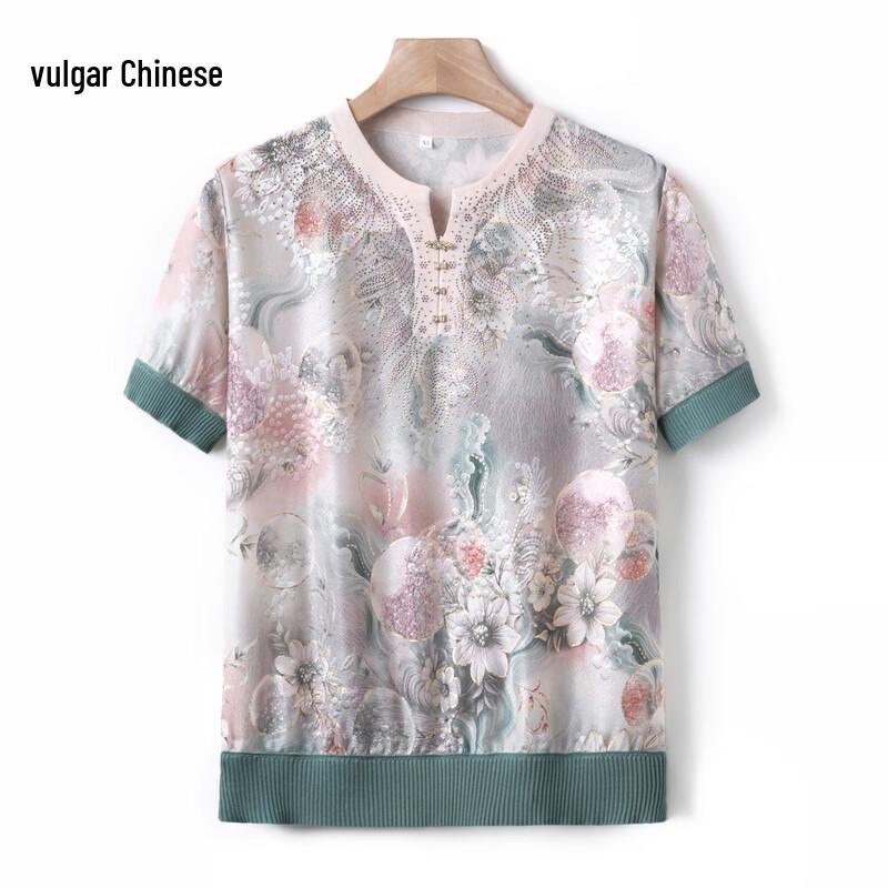 Women s Summer Floral Ice Silk Knit Short Sleeve Top 5XL