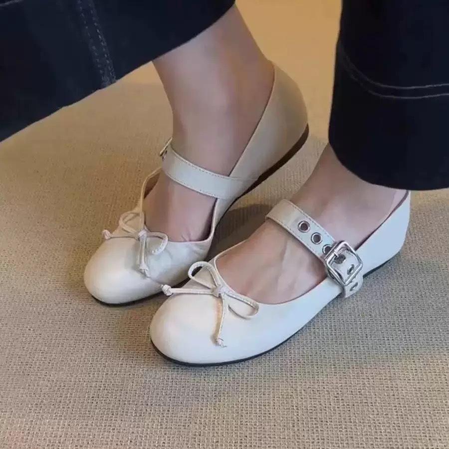 

Овчина~ Натуральная кожа Французские туфли-одинарки женские универсальные туфли на плоской подошве с открытым верхом балетки бантик ретро туфли Мэри Джейн 40