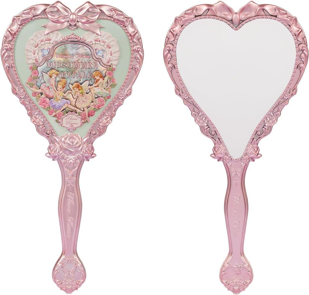 Flower Knows Strawberry Cupid Hand Mirror,Vintage Handheld Mirror,Fancy & Pretty Princess Mirror with Long Handle,Gift for Girls & Women(Milk Pink)