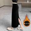 Women's Autumn/Winter Black Velvet Slimming Long Skirt with Thick Lining and Slit