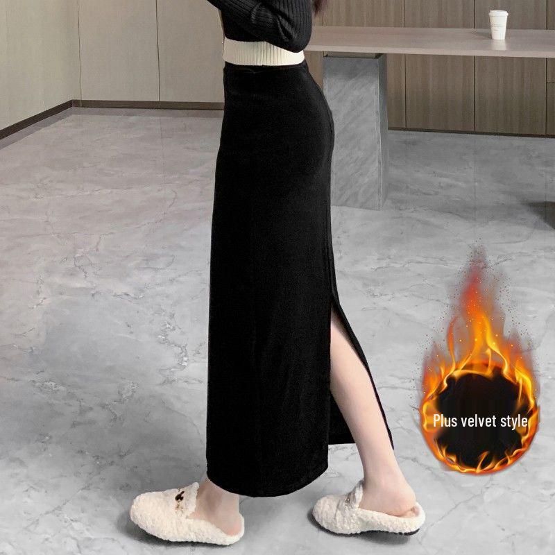 Women's Autumn/Winter Black Velvet Slimming Long Skirt with Thick Lining and Slit