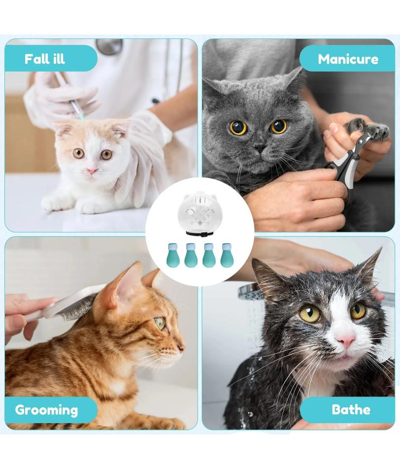 1Set Cat Muzzle Pet Grooming Cover Accessory Cat Anti Bite Anti Licking Space Hood Breathable Helmet with 4 Silicone Paw Shoes