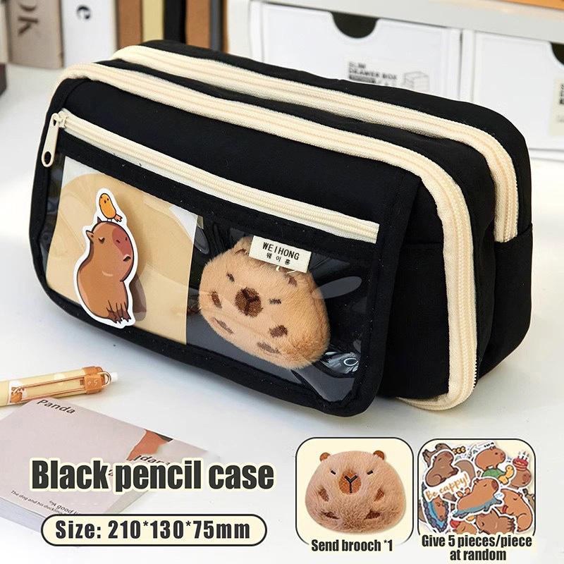 Large Capacity Pencil Bag Capybara Cartoon Stationery Holder Bag With Brooches Stickers Clips Keychains Children Pen Case