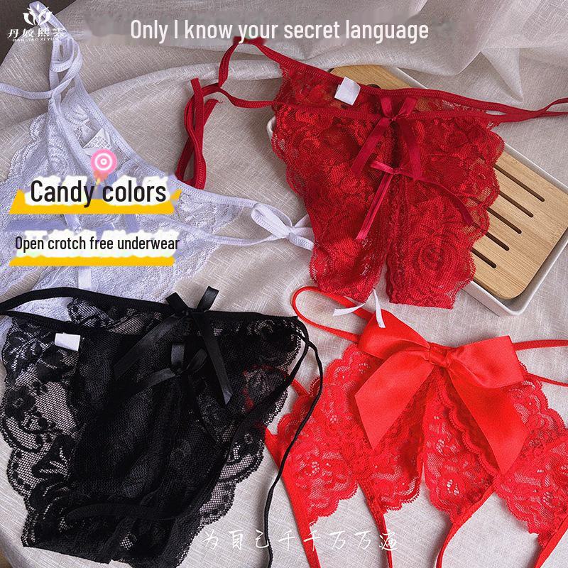 Open Crotch Lace Thong - See-Through, Low Waist, Sexy, Large Size, Bow Detail.
